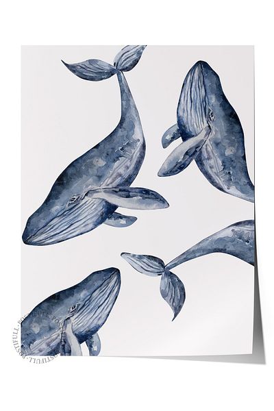 Postifull Frameless Wall Poster, Whale, Watercolor, Blue, White Color Poster, 2025 Summer Selection, No:109833