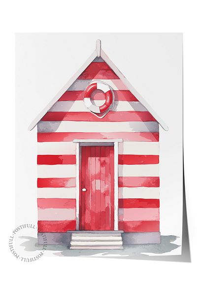 Postifull Frameless Wall Poster, Hut, Door, Lifebuoy, Watercolor, Red, White Color Poster, Summer 2025