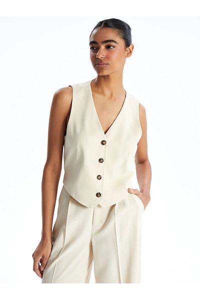 LC Waikiki Xside V-Neck Linen Blended Women's Classic Vest