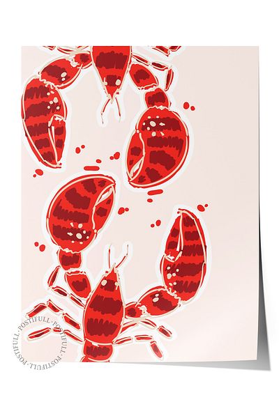 Postifull Frameless Wall Poster, Lobster, Flat Illustration, Red, White Color Poster, 2025 Summer Selection, N