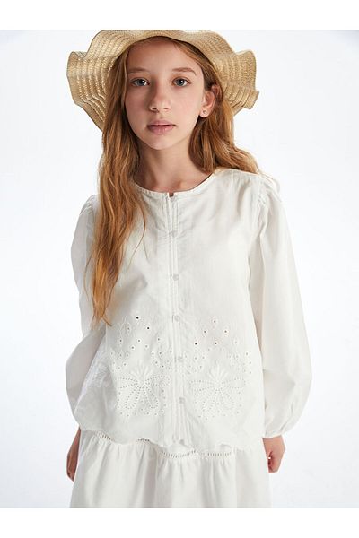 LC Waikiki Ecru Crew Neck Girl's Shirt with Scallop Detail