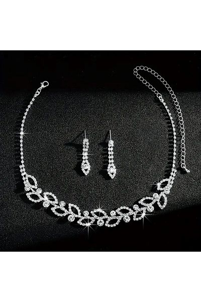 Ümaks Silvers Elegant Stone Silver Color Women's Necklace Earring Set - Wedding & Engagement Jewelry Set