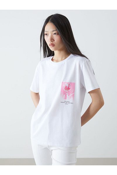 LC Waikiki Tricou pentru femei din bumbac pieptănat imprimat cu decolteu Crew New Season - S5DI94Z8