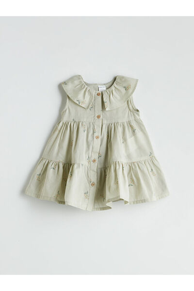 LC Waikiki Φόρεμα για κοριτσάκια με βολάν LCW baby Green στρογγυλός γιακάς