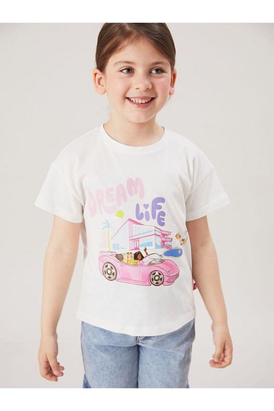LC Waikiki Ecru Crew Neck Barbie Printed Girl's T-Shirt