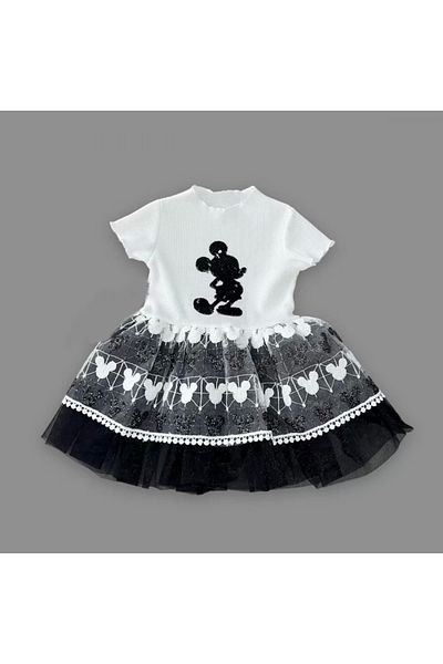 ALFA AKSESUAR 03 1-2-3 Years Old Sequined Mickey Printed Brode Skirt Baby Girl Dress Black