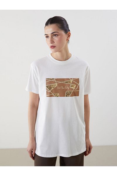 LC Waikiki Ecru Crew Neck Printed Women's T-Shirt
