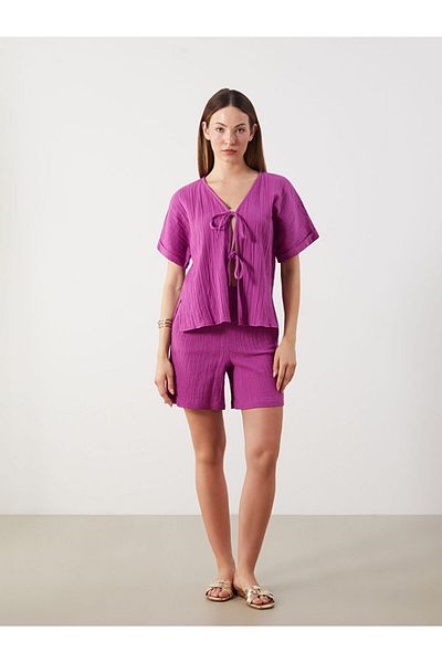 LC Waikiki New Season V-Neck Textured Bowknot Muslin Blouse - S5Qb37Z8