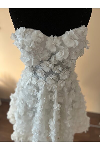 ABAD.HANDMADE 3 boyut çiçek detaylı mini After party gelinlik