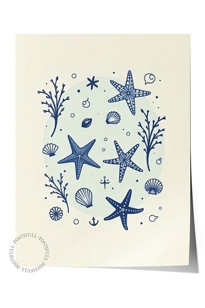 Postifull Frameless Wall Poster, Seashell, Illustration, Blue Color Poster, 2025 Summer Selection, No:109553
