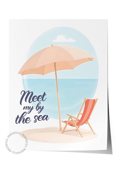 Postifull Frameless Wall Poster, Seaside Encounter, Illustration, Blue Color Poster, 2025 Summer Selection,
