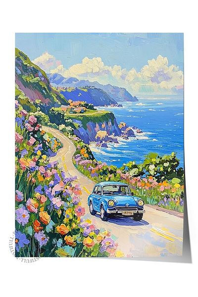 Postifull Frameless Wall Poster, Car, Flower, Road, Impressionist, Blue, Pastel Tones Color Poster, 2025 Summer Se