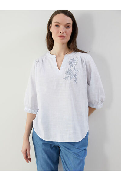 LC Waikiki Blue Striped Embroidered Poplin Women's Blouse with a Cutaway Collar