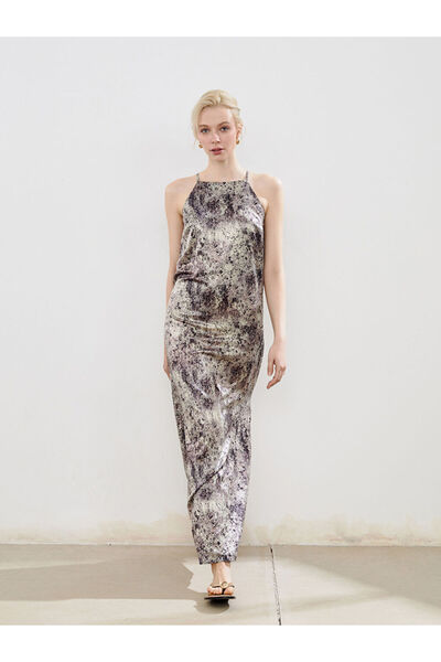 LC Waikiki Burgundy Halter Neck Patterned Rope Strap Dress