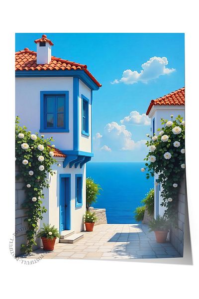 Postifull Frameless Wall Poster, House with Sea View, Photo, Blue Color Poster, 2025 Summer Selection, No:10970