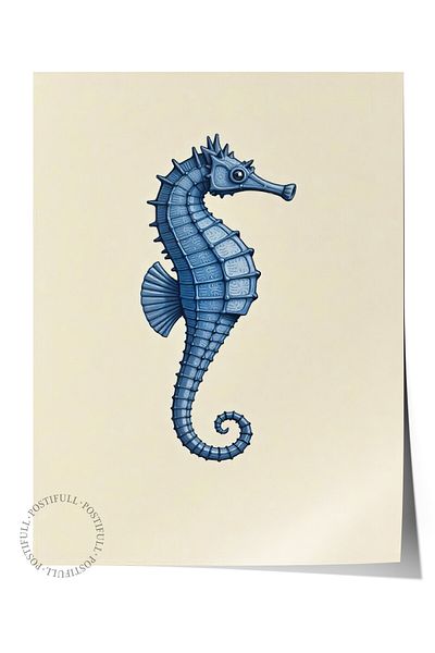 Postifull Poster de perete fără încadrare, cal de mare, ilustrație, poster de culoare albastră, selecție de vară 2025, NR:109578