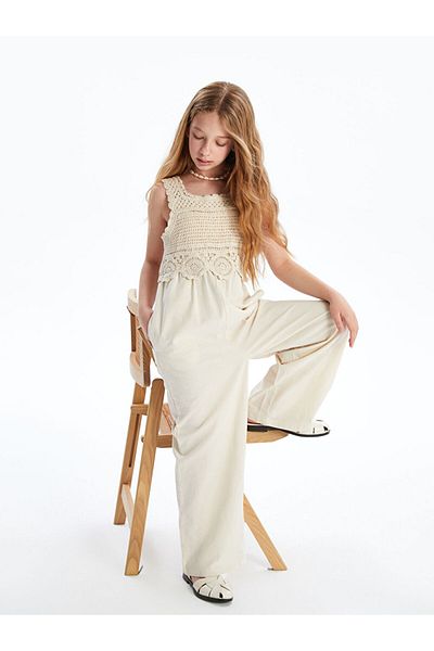 LC Waikiki Square Collar Lace Detailed Linen Blend Girls' Jumpsuit
