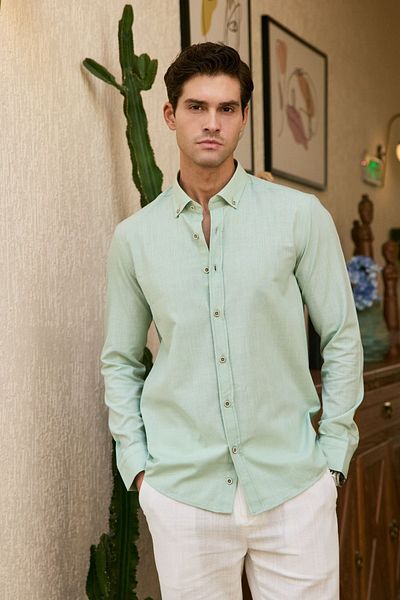 Livio Ferri Turi Men's Cotton Shirt Modern Slim Fit Linen Look Long Sleeve