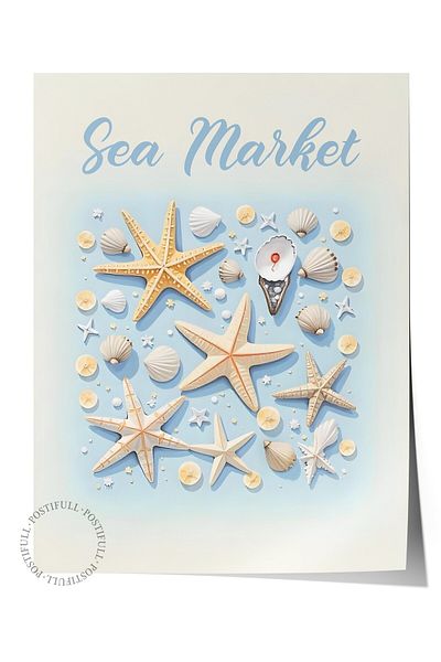 Postifull Frameless Wall Poster, Sea Market, Illustration, Blue Color Poster, 2025 Summer Selection, No:109581