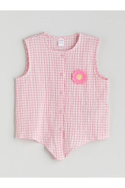 LC Waikiki Pink Sleeveless Floral Plaid Girl's Shirt