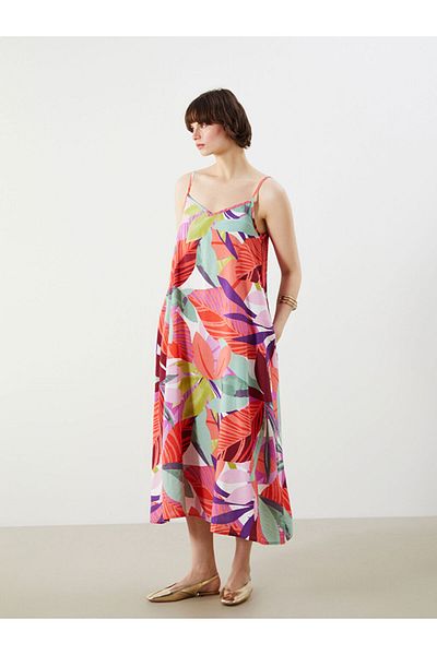 LC Waikiki Mixed V-Neck Floral Strap A-Line Dress