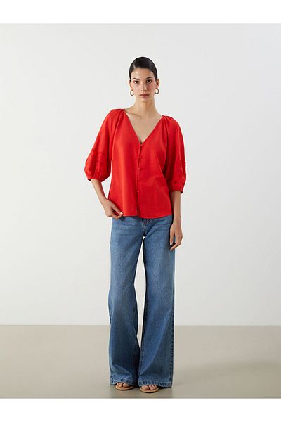 LC Waikiki New Season V-Neck Embroidered Balloon Sleeve Blouse - S5Ma01Z8