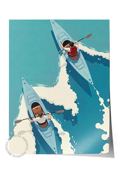 Postifull Frameless Wall Poster, Men on a Boat, Illustration, Blue Color Poster, 2025 Summer Selection, No:10