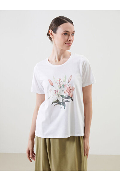 LC Waikiki Ecru Crew Neck Floral Combed Cotton Women's T-Shirt