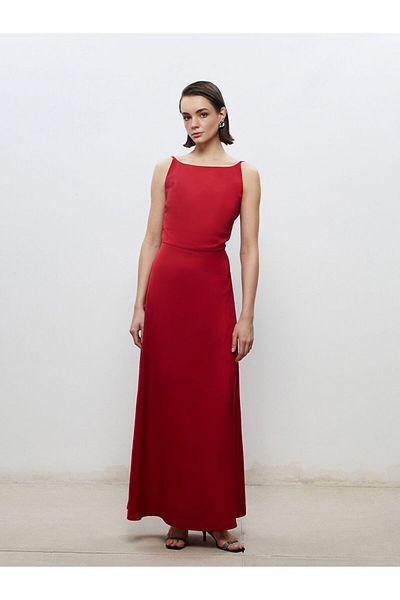 LC Waikiki Lcw Boat Neck Strap Satin Evening Dress