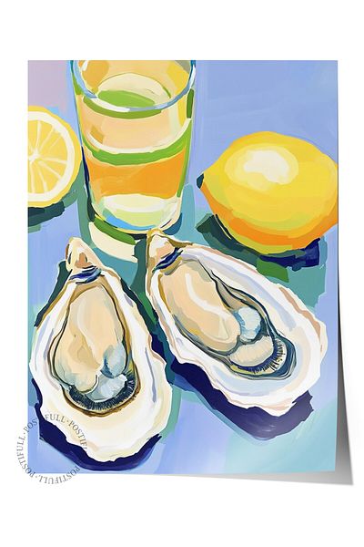 Postifull Frameless Wall Poster, Glass, Oyster, Lemon, Acrylic Painting, Contemporary, Blue, Yellow Color Poster, 2025