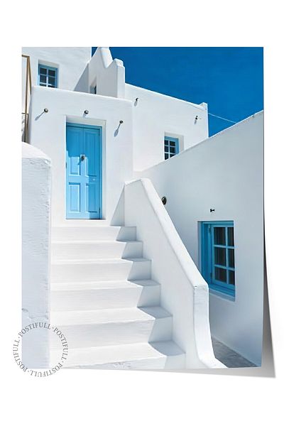 Postifull Frameless Wall Poster, Blue Door Stairs, Photo, Blue Color Poster, 2025 Summer Selection, No:109