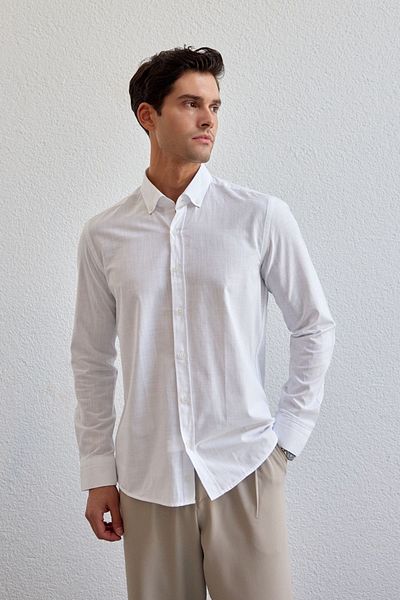 Livio Ferri Turi Men's Cotton Shirt Modern Slim Fit Linen Look Long Sleeve