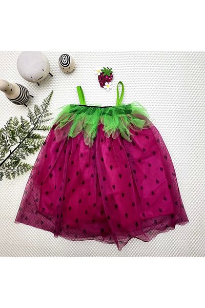 ALFA AKSESUAR 03 2-3-4 Years Suspender Strawberry Costume Girls Kids Dress Fuchsia