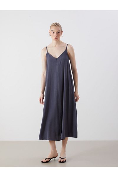 LC Waikiki Indigo V-Neck Textured A-Line Dress