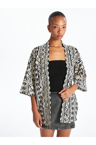 LC Waikiki Black Shawl Collar Oversize Muslin Women's Kimono