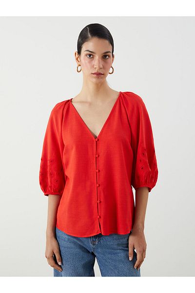 LC Waikiki New Season V-Neck Embroidered Balloon Sleeve Blouse - S5Ma01Z8