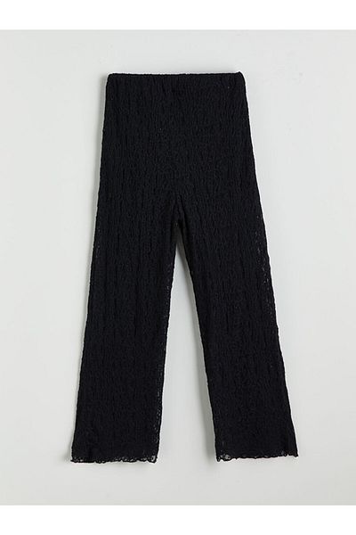 LC Waikiki Black Elastic Waist Lace Detailed Girl's Trousers