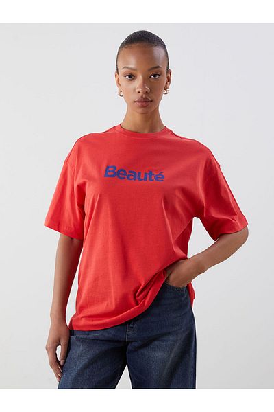 LC Waikiki Red Crew Neck Printed Oversize Women's T-Shirt