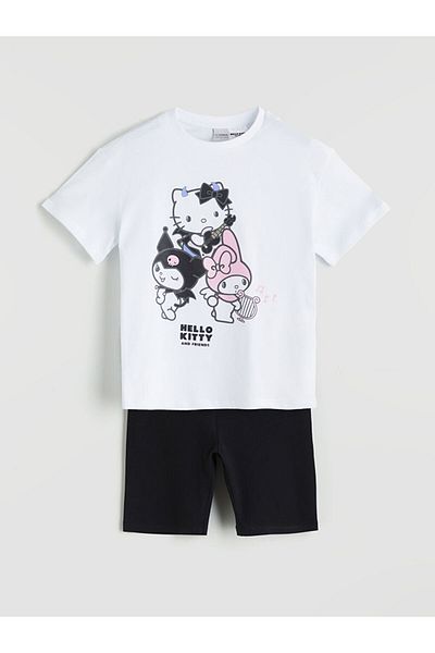 LC Waikiki White Crew Neck Hello Kitty Printed Girl's T-Shirt and Leggings