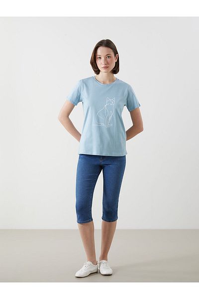 LC Waikiki Tricou pentru femei din bumbac pieptănat imprimat cu decolteu Crew New Season - S5JD43Z8