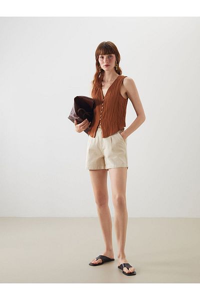 LC Waikiki Jeans Beige Waist Belted Paperbag Women's Jean Shorts