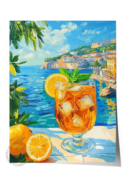 Postifull Frameless Wall Poster, Glass, Lemon, Sea, Impressionist, Acrylic Painting, Blue, Yellow Color Poster, 20