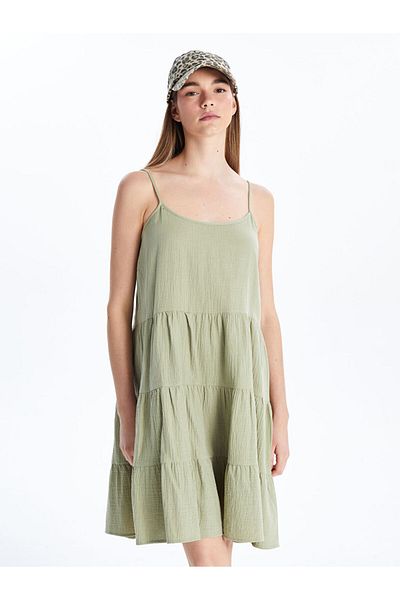 LC Waikiki Xside Khaki U-Neck Textured Mini Dress