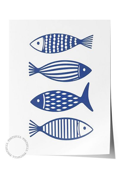 Postifull Poster de perete fără încadrare, pește de mare, ilustrație, poster de culoare albastră, selecție de vară 2025, NR:1095