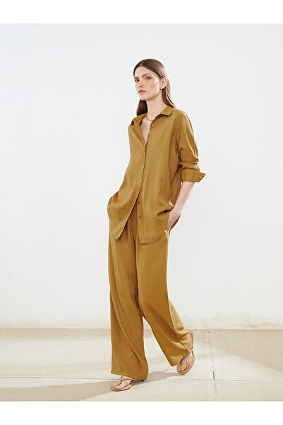 LC Waikiki Πράσινο γυναικείο παντελόνι Λινό Mix με ελαστική μέση