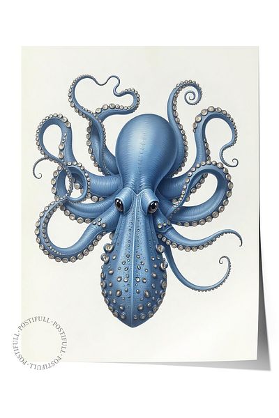 Postifull Frameless Wall Poster, Octopus, Illustration, Blue Color Poster, Summer Selection of 2025, No:109619