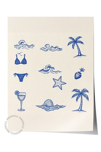 Postifull Frameless Wall Poster, Beach Atmosphere, Illustration, Blue Color Poster, 2025 Summer Selection, No:109554