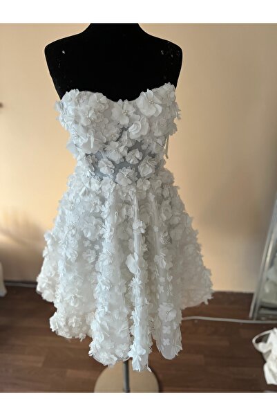 ABAD.HANDMADE 3 boyut çiçek detaylı mini After party gelinlik