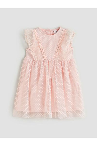 LC Waikiki Ecru Crew Neck Girl's Lace Dress
