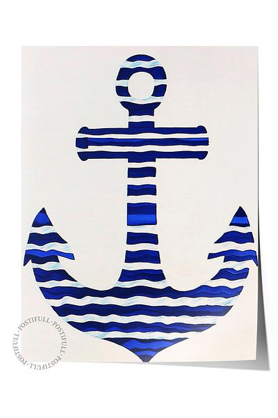 Postifull Poster de perete fără încadrare, ancoră, ilustrație simplă, minimalist, albastru, poster de culoare albă, selecție de vară 2025